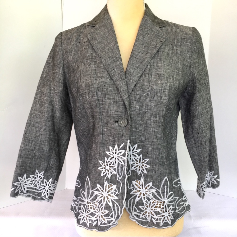 Peck & Peck Gray Embroidered Linen Jacket Size 4